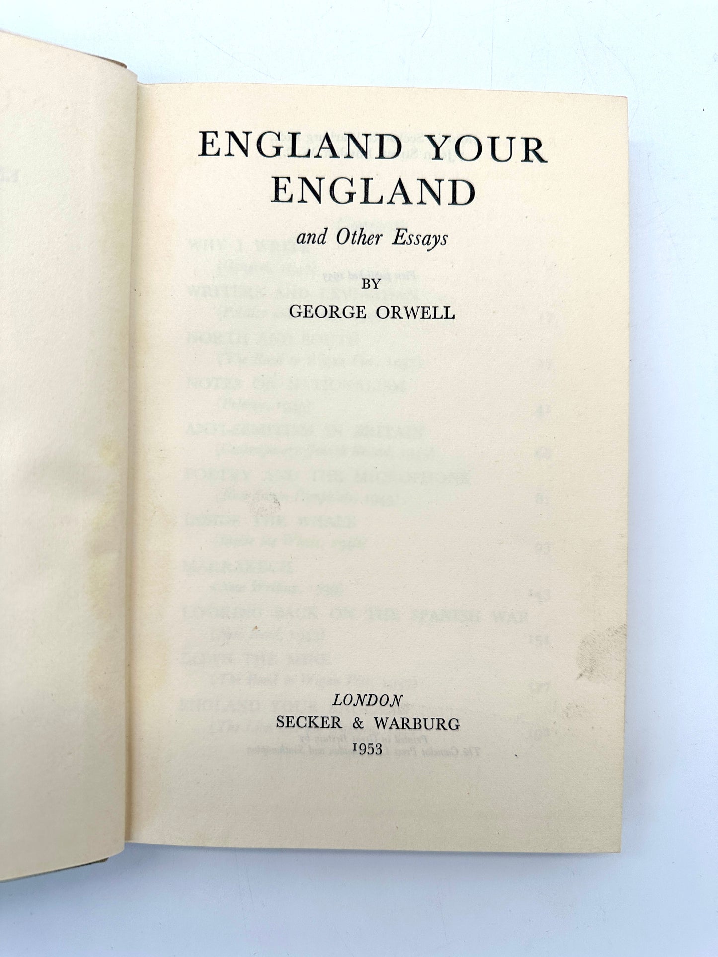 England Your England and Other Essays by George Orwell (1st Edition)