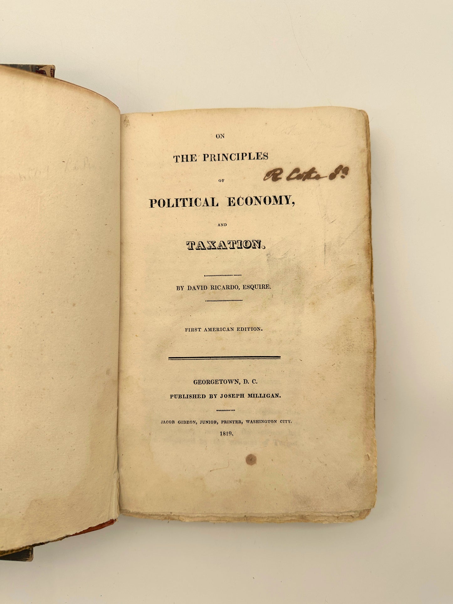 On the Principles of Political Economy and Taxation by David Ricardo - 1st American Edition
