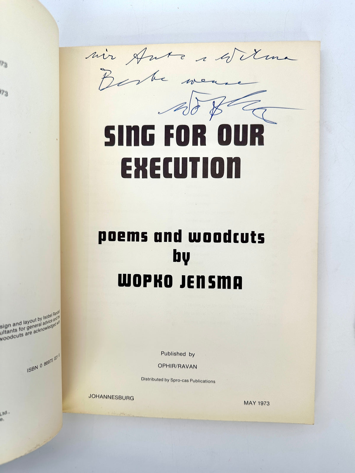Sing for our Execution, TLS and TS by Wopko Jensma to Wilma Stockenstrom